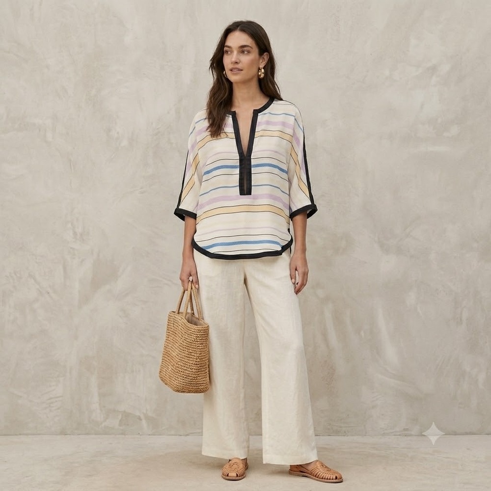 Isabel Marant Etoile Blouse Large Textured Silk Striped Split Neck Dolman